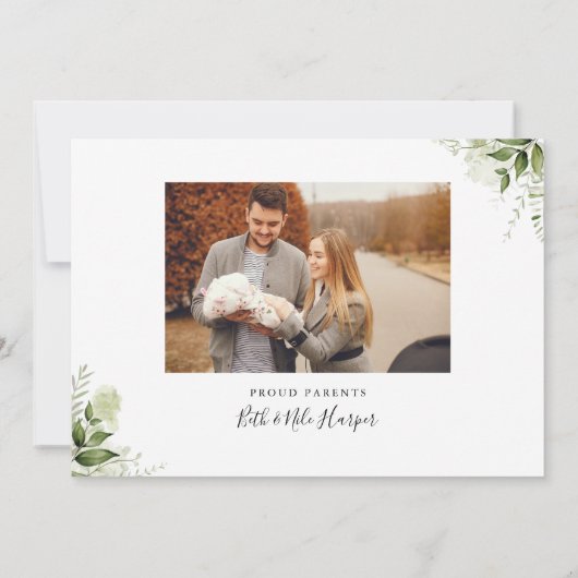 2枚の写真グリーンリーフローラありがとうベビー誕生 案内状 (裏面)