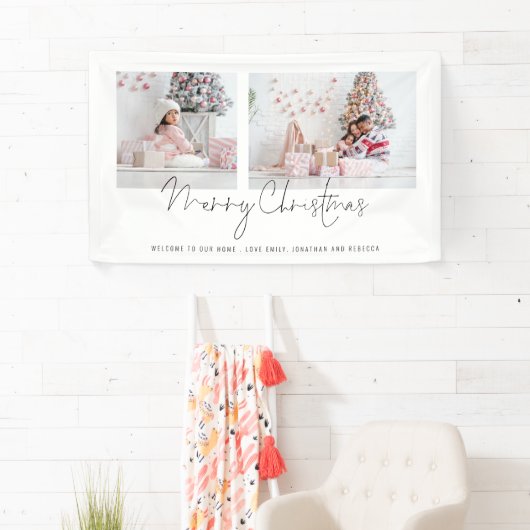 2枚の写真スクリプトようこそ名前メリークリスマス 横断幕 (インサイチュ)