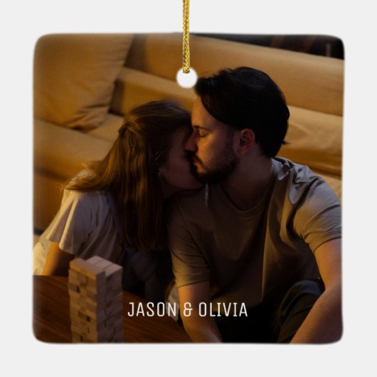 2枚の写真タイポグラフィ初めてのクリスマス セラミックオーナメント (裏面)