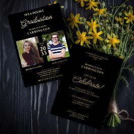 2枚の写真ダブルツインズ卒業実在ゴールデンブラック 箔招待状