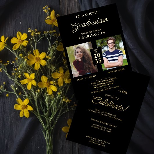 2枚の写真ダブルツインズ卒業実在ゴールデンブラック 箔招待状