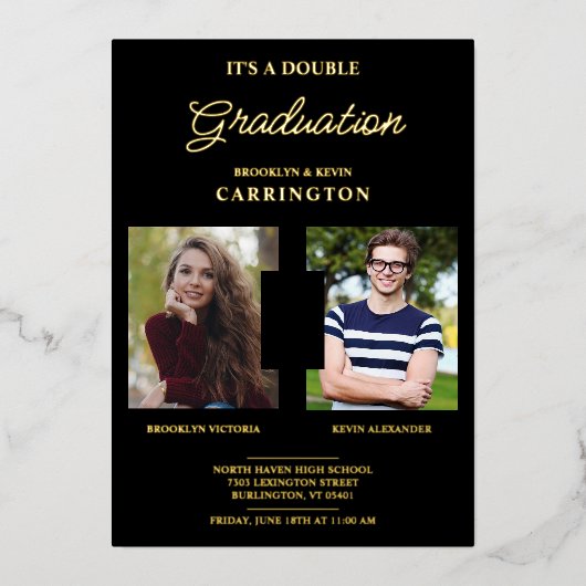 2枚の写真ダブルツインズ卒業実在ゴールデンブラック 箔招待状 (正面)