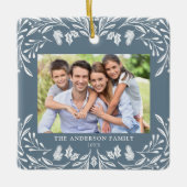 2枚の写真ファミリー冬の緑の青いクリスマス セラミックオーナメント (正面)