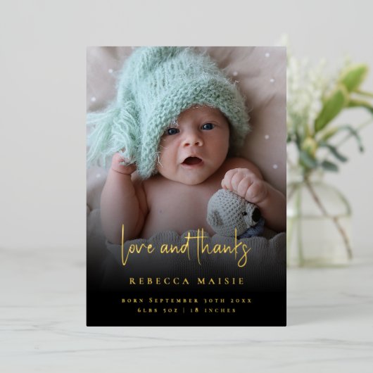 2枚の写真ブラックフォイル誕生のお知らせ 箔招待状 (立ち正面)