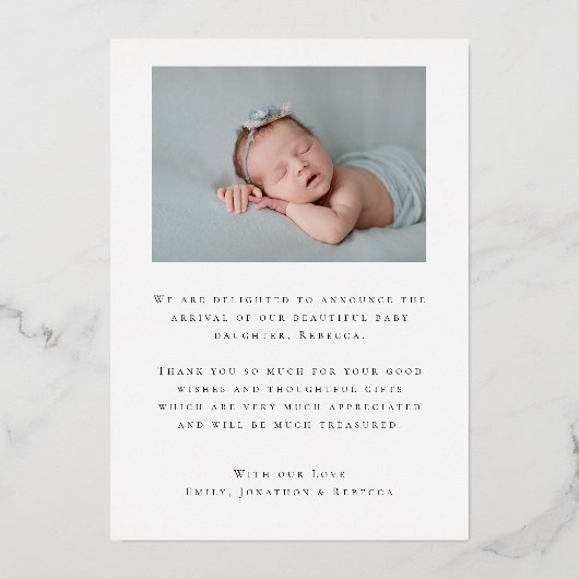 2枚の写真ブラックフォイル誕生のお知らせ 箔招待状 (裏面)