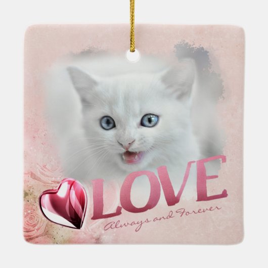 2枚の写真ペット形見、愛とハート、ピンク – 四角 セラミックオーナメント (裏面)