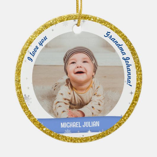 2枚の写真モダン男の赤ちゃん初めてのクリスマスおばあちゃん セラミックオーナメント (正面)