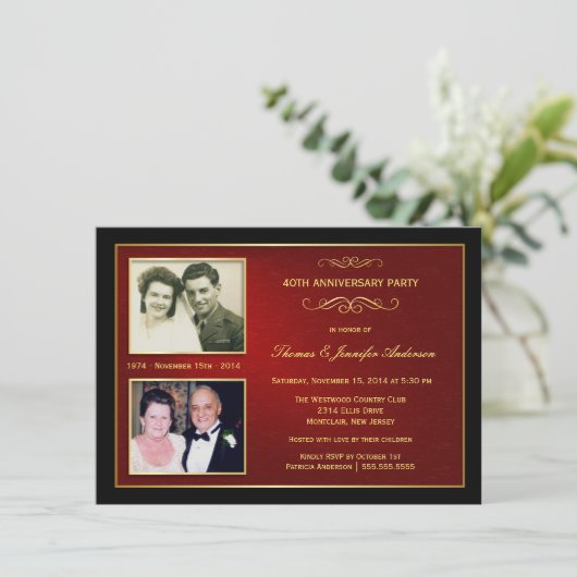 2枚の写真付きの「過去と現在」アニバーサリー - 結婚40周年 招待状 (スタンド正面)