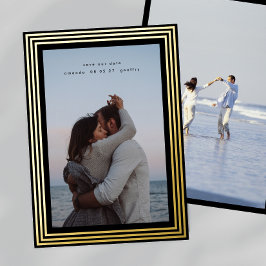 2枚の写真付き最小限のゴールドフレームの結婚式日程通知 箔招待状