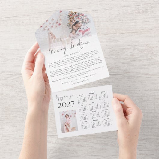 2枚の写真付き2027年カレンダー クリスマスニュースレター オールインワン招待状 (貼ってはがせる)
