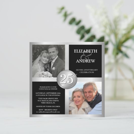 2枚の写真付き25周年パーティ招待状, 25周年ウェディングパーティ招待状を「過去と現在」の写真で作 招待状 (スタンド正面)