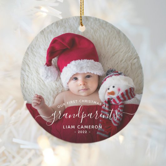 2枚の写真付き 祖父母 初めてのクリスマス ホワイトスクリプト オーナメント