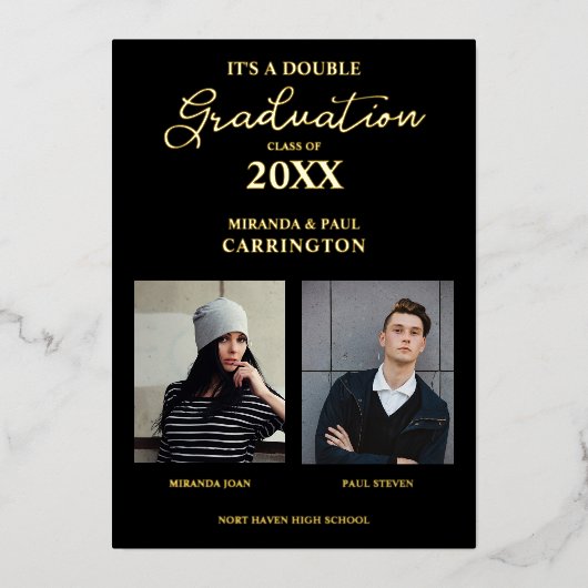 2枚の写真兄弟姉妹2枚の黒でダブル卒業 箔招待状 (正面)