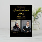 2枚の写真兄弟姉妹2枚の黒でダブル卒業 箔招待状 (立ち正面)