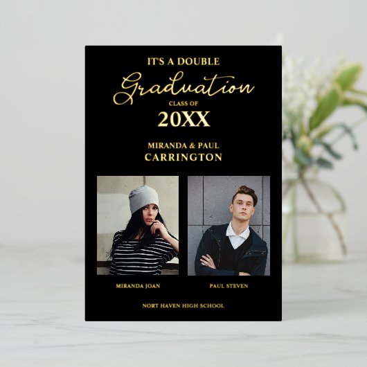 2枚の写真兄弟姉妹2枚の黒でダブル卒業 箔招待状 (立ち正面)