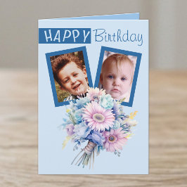 2枚の写真入りガーベラブルーの誕生日 カード