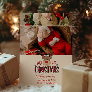 2枚の写真入りチェック柄のトナカイ 赤ちゃんの初めてのクリスマス シーズンカード