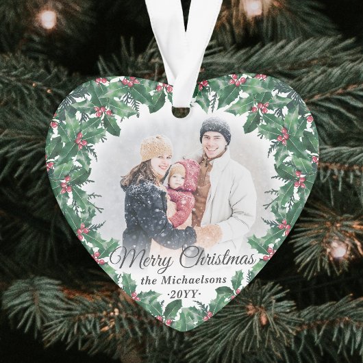 2枚の写真入りホーリーグリーンのリース メリークリスマス オーナメント