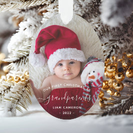 2枚の写真入り 祖父母の最初のクリスマス ホワイトスクリプト オーナメント