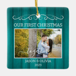 2枚の写真初めてのクリスマスを一緒にティール（緑がかった色）木目 セラミックオーナメント
