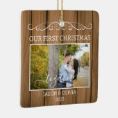 2枚の写真初めてのクリスマスを一緒に木目タイル セラミックオーナメント (右)