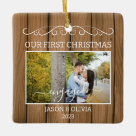 2枚の写真初めてのクリスマス婚約した木目タイル セラミックオーナメント