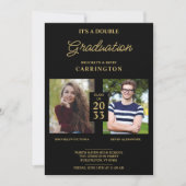 2枚の写真双生子卒業フェイクゴールデンブラック 招待状 (正面)