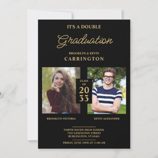 2枚の写真双生子卒業フェイクゴールデンブラック 招待状 (正面)