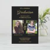 2枚の写真双生子卒業フェイクゴールデンブラック 招待状 (スタンド正面)