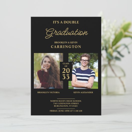 2枚の写真双生子卒業フェイクゴールデンブラック 招待状 (スタンド正面)