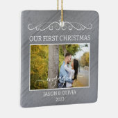 2枚の写真婚約した初めてのクリスマス素朴木目 セラミックオーナメント (右)