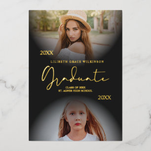 2枚の写真実在卒業金箔Then & Now 箔招待状