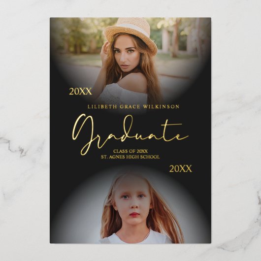 2枚の写真実在卒業金箔Then & Now 箔招待状 (正面)