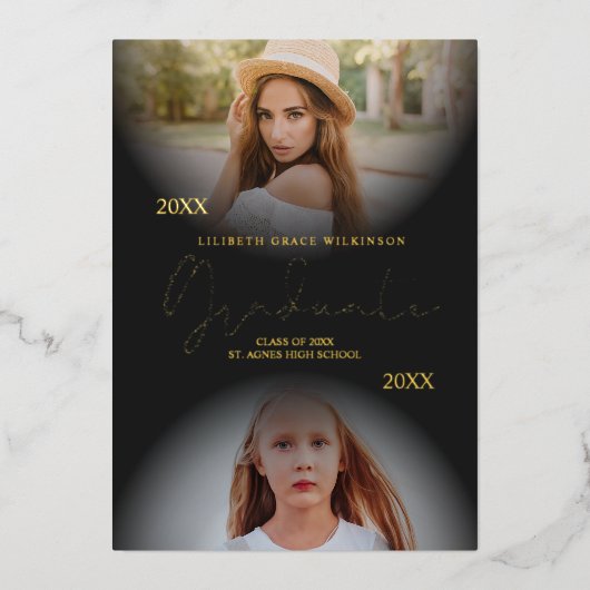 2枚の写真実在卒業金箔Then & Now 箔招待状 (正面)