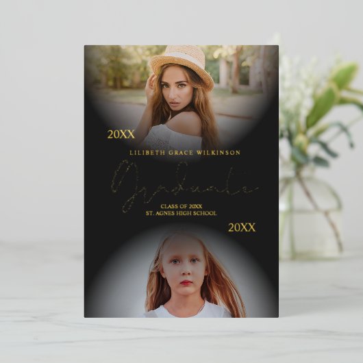 2枚の写真実在卒業金箔Then & Now 箔招待状 (立ち正面)