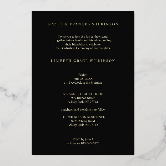 2枚の写真実在卒業金箔Then & Now 箔招待状 (裏面)