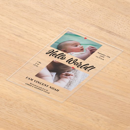 2枚の写真少年の誕生の告知アクリルカード アクリル招待状 (レイダウン)