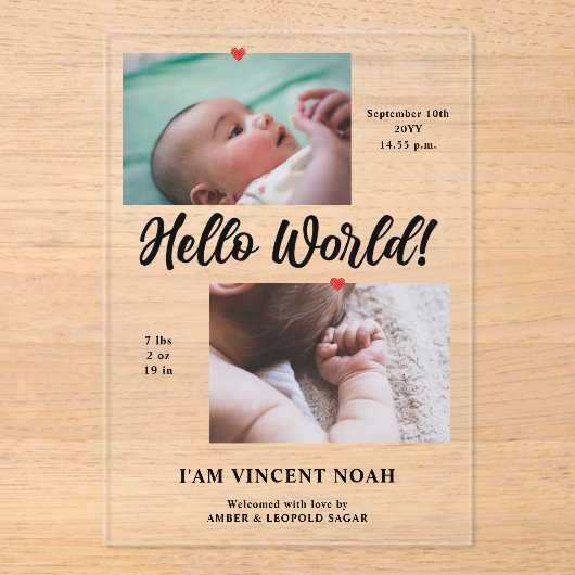 2枚の写真少年の誕生の告知アクリルカード アクリル招待状 (正面)