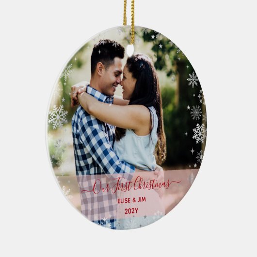 2枚の写真我々の初めてのクリスマスカップル雪エレガント セラミックオーナメント (右)
