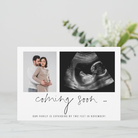 2枚の写真来の早口の妊娠告知 案内状 (スタンド正面)