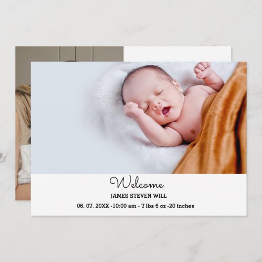 2枚の写真生まれたばかりの歓迎の誕生のお知らせ 案内状 (正面/裏面)