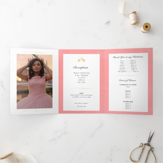 2枚の写真金ゴールドとバラピンクキンセアニェラ 三つ折り招待状 (内部)