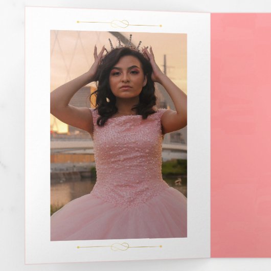 2枚の写真金ゴールドとバラピンクキンセアニェラ 三つ折り招待状 (内部最初)