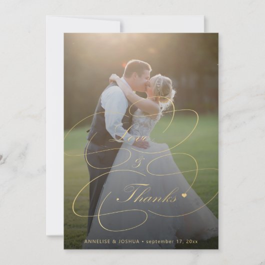 2枚の写真金ゴールド書道の愛感謝していと結婚の写真 サンキューカード (正面)