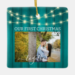 2枚の写真1stクリスマス一緒ティール（緑がかった色）Parquet Light セラミックオーナメント