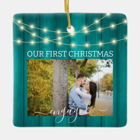 2枚の写真1stクリスマス婚約したティール（緑がかった色）パーケライト セラミックオーナメント (正面)