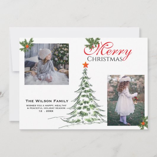 2枚の写真 クリスマスツリーと緑の枝 シーズンカード (正面)