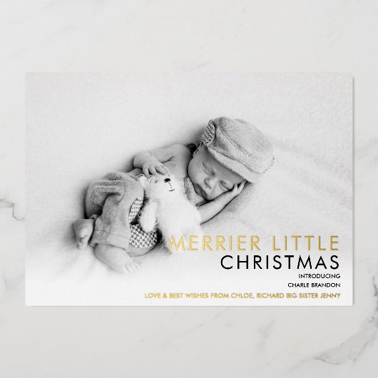 2枚の写真 ゴールドホイルのクリスマス 誕生発表 箔シーズンカード (正面)