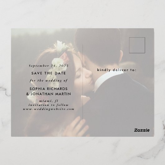 2枚の写真 |スクモダンリプト日付金ゴールドの保存 箔招待状ポストカード (裏面)