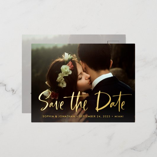 2枚の写真 |スクモダンリプト日付金ゴールドの保存 箔招待状ポストカード (正面/裏面)